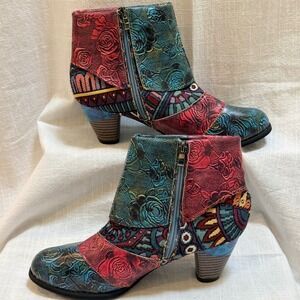 Patchwork Floral Ankle Boots 38 Multicolor Leather Tapestry Block Heel